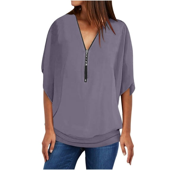 Fesfesfes Women's Print Color T-Shirt Three-Quarters Sleeve V-Neck Pullover Tops with Buttons Down Hem Fashion for Fall Outdoor Blouses(Gray#2,5XL)