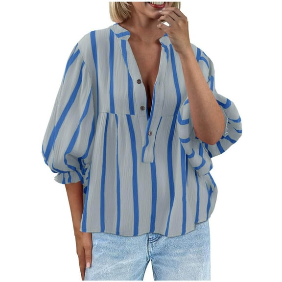 Fesfesfes Women's Print Color T-Shirt Three-Quarters Sleeve V-Neck Pullover Tops with Buttons Down Hem Fashion for Fall Outdoor Blouses(Sky Blue,XL)