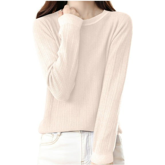 Fesfesfes Women's Pullover Fall Winter Sweater Leisure Long Sleeve Round Mock Neck Solid Color Tops Solid Color Warmkeeping Comfy Sweater(Beige#5,S)