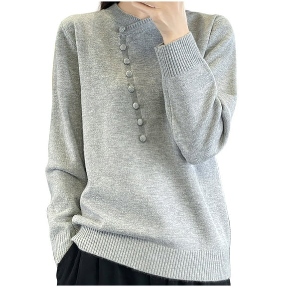 Fesfesfes Women's Pullover Fall Winter Sweater Leisure Long Sleeve Round Mock Neck Solid Color Tops Solid Color Warmkeeping Comfy Sweater(Gray#4,L)