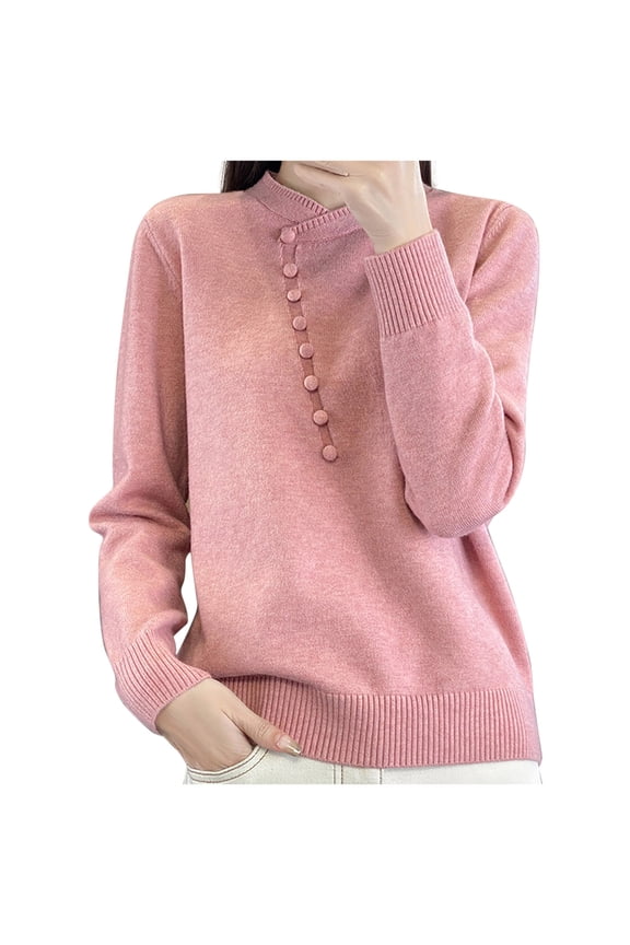 Women's Pullover Fall Winter Sweater Leisure Long Sleeve Round Mock Neck Solid Color Tops Solid Color Warmkeeping Comfy Sweater(Pink#4,2XL)