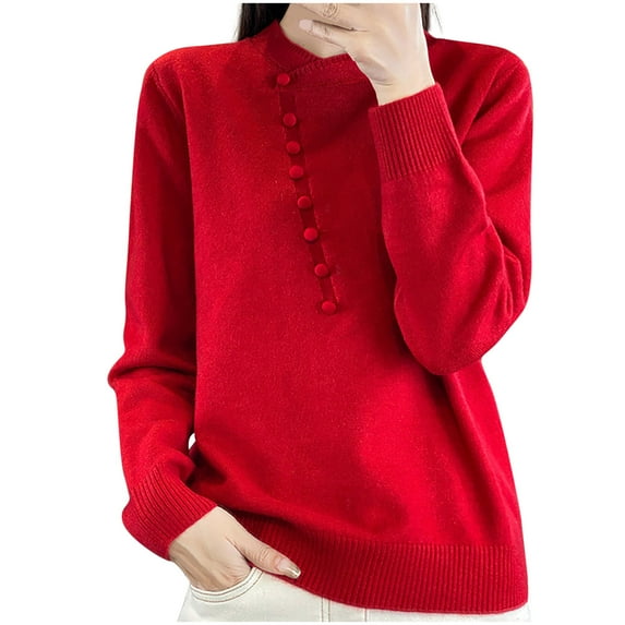 Fesfesfes Women's Pullover Fall Winter Sweater Leisure Long Sleeve Round Mock Neck Solid Color Tops Solid Color Warmkeeping Comfy Sweater(Red#4,XL)