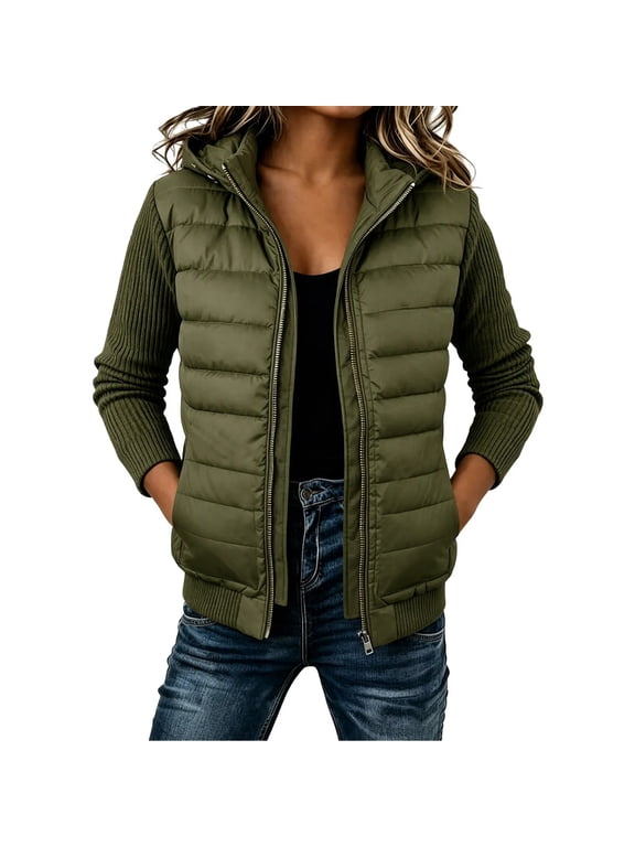 Women's Quilted Puffer Jacket with Knit Sleeves Hooded Zip Up Lightweight Warm Winter Coat for Fall Cold Weather Daily Wear