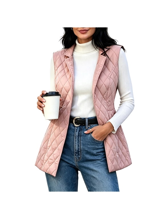 Women's Quilted Puffer Vest Lapel Collar Full Zip Sleeveless Warm Outerwear with Pockets for Fall Winter Daily Wear and Layering
