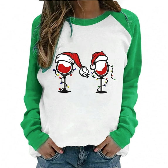 Fesfesfes Women's Raglan Sweatshirt Christmas Printed Long Sleeve Shirts Xmas Round Neck Casual Sweatshirt Tops Sale Items