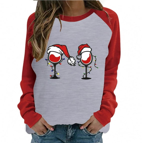 Fesfesfes Women's Raglan Sweatshirt Christmas Printed Long Sleeve Shirts Xmas Round Neck Casual Sweatshirt Tops Under $10