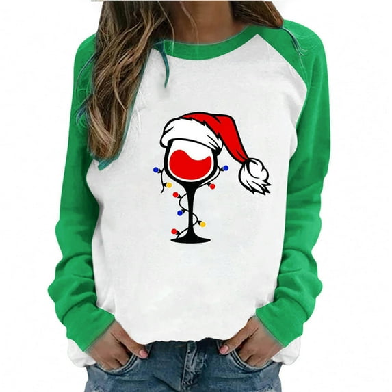 Fesfesfes Women's Raglan Sweatshirt Christmas Printed Long Sleeve Shirts Xmas Round Neck Casual Tops