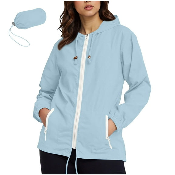 Fesfesfes Women's Rainproof Jacket Mid-Length Loose Lightweight Batwing Flared Sleeves Coat Fall Ideal for Casual Outings Travle (Light Blue#1,XL)