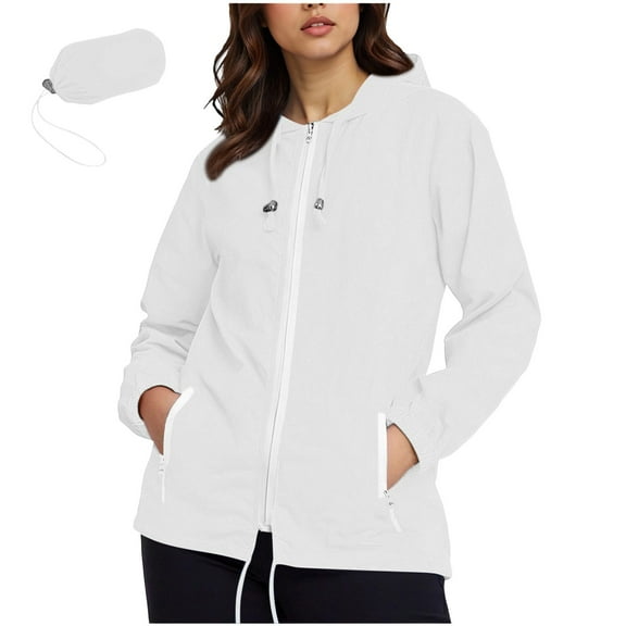 Fesfesfes Women's Rainproof Jacket Mid-Length Loose Lightweight Batwing Flared Sleeves Coat Fall Ideal for Casual Outings Travle (White#1,XL)
