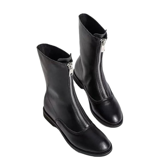 Fesfesfes Women's Retro Elastic Ankle Boots Fashion Flat Heel Round Toe Fall Heeled Front Zipper Cylinder Shoes Brown Boots 4.5(35)