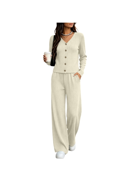 Women's Ribbed Knit Two Piece Set V Neck Button Down Long Sleeve Top and Pants with Pockets Solid Color for Fall Winter Cozy