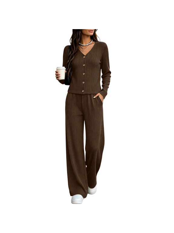 Women's Ribbed Knit Two Piece Set V Neck Button Down Long Sleeve Top and Pants with Pockets Solid Color for Fall Winter Cozy
