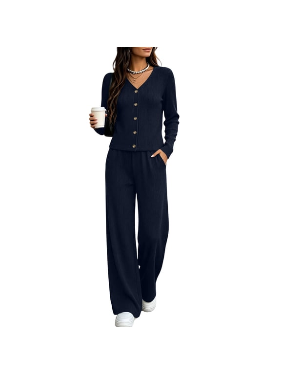 Women's Ribbed Knit Two Piece Set V Neck Button Down Long Sleeve Top and Pants with Pockets Solid Color for Fall Winter Cozy