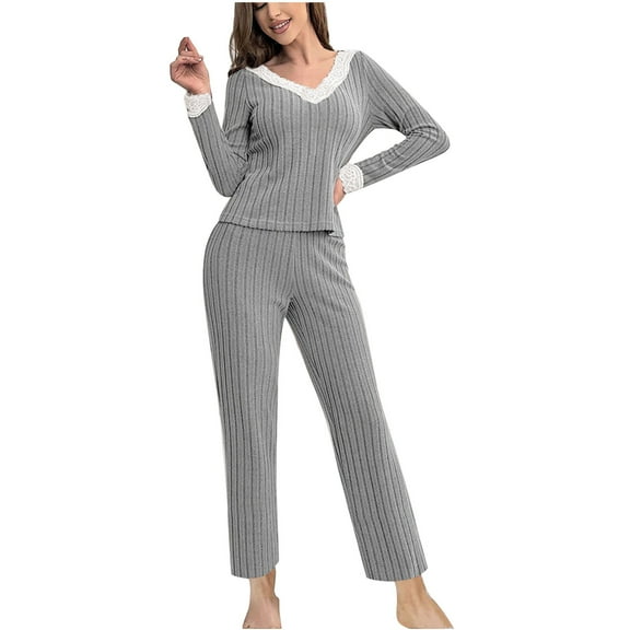 Fesfesfes Women's Ribbed Pajama Set Fall Winter Warmkeeping Solid Color V-Neck Long Sleeve Blouses with Lace Details Comfy Homewear Set(Gray,S)