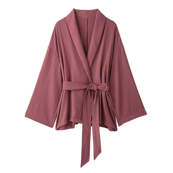 Fesfesfes Women's Robe V-Neckline with Folded Collar Wide Billowy Sleeves A-Line with Self-Tie Belt Lightweight Fabric for Homewear(Pink,XS)
