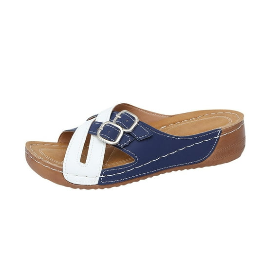 Fesfesfes Women's Round Head Slip-On Slippers Summer Casual Beach Shoes Soft Sole Comfortable for Home Outdoor Walking Lightweight(Blue,US 9)