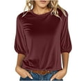 thumbnail image 1 of Fesfesfes Women's Satin Blouse Summer Fashion Loose Cropped Puff 3/4 Sleeves Round Neck T-shirt Velvet Solid Color Snug Shirt Blouse, 1 of 5