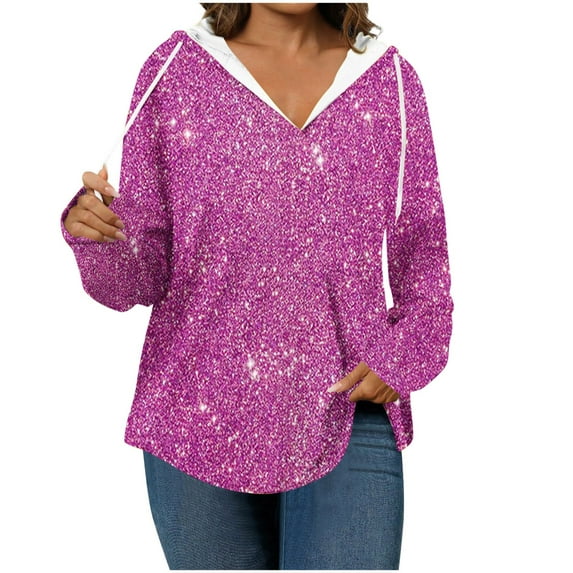 Fesfesfes Women's Sequin Hooded Sweatshirts Fashion Long Sleeve Tops Adjustable Drawstring Hood with Contrast Lining Parties Blouses(Pink,2XL)