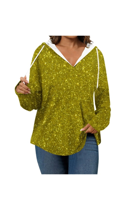 Women's Sequin Hooded Sweatshirts Fashion Long Sleeve Tops Adjustable Drawstring Hood with Contrast Lining Parties Blouses(Yellow,2XL)