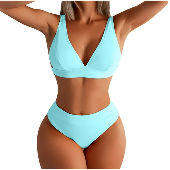 Fesfesfes Women's Bikini Sets Solid Color Swimsuit Two Piece Filled Bra Swimwear Beachwear Under $10