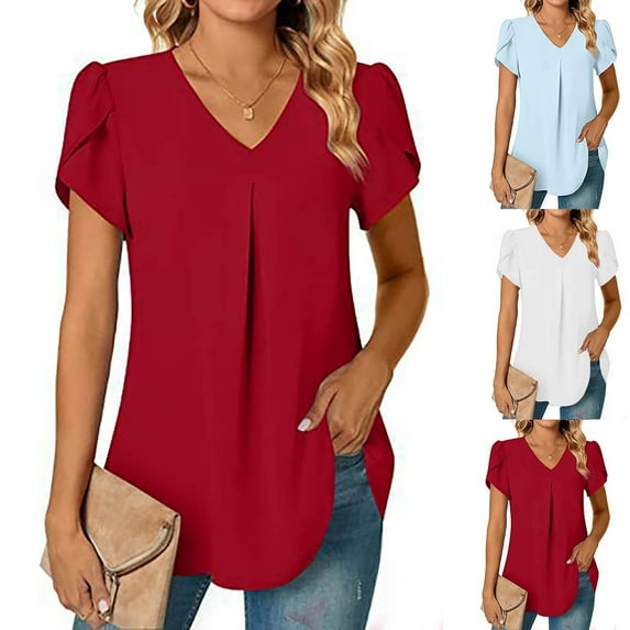 Fesfesfes Women's Shirts Women's Casual Sleeve Tops V-Neck Short Sleeve T- Cute Solid Summer Loose Blouses Tops Tee Shirts Womens S(US:4)