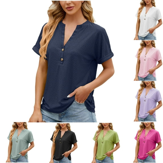 Fesfesfes Women's Shirts Women's V- Neck Hollow Out Recreational Short Sleeve Tops Blouse Womens Tees L(US:8)