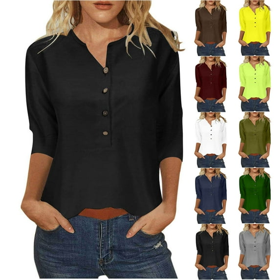 Fesfesfes Women's Short Sleeve Tops Women's Fashion Casual 3/4 Sleeve Button T-Shirt Neck Print Blouse Blouses for Women Business Casual XL(US:10)