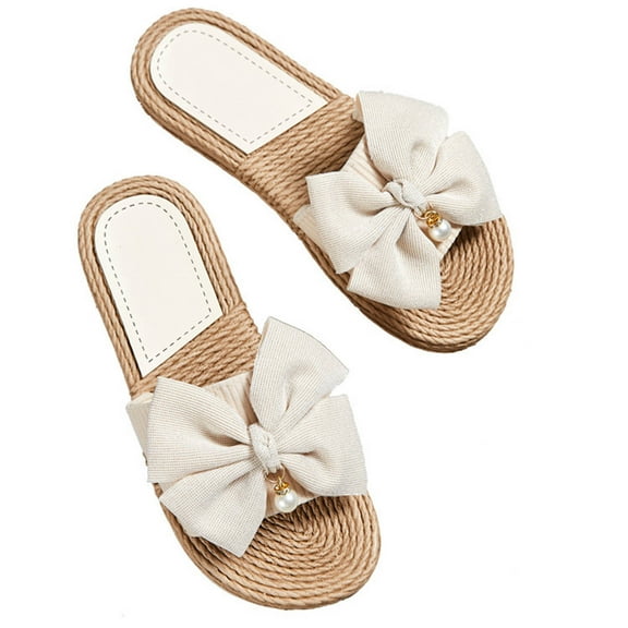 Fesfesfes Women's Slide Sandals Women's Summer Woven Flip-flops With Pearl Bow Flat Beach Sandals 7(39)