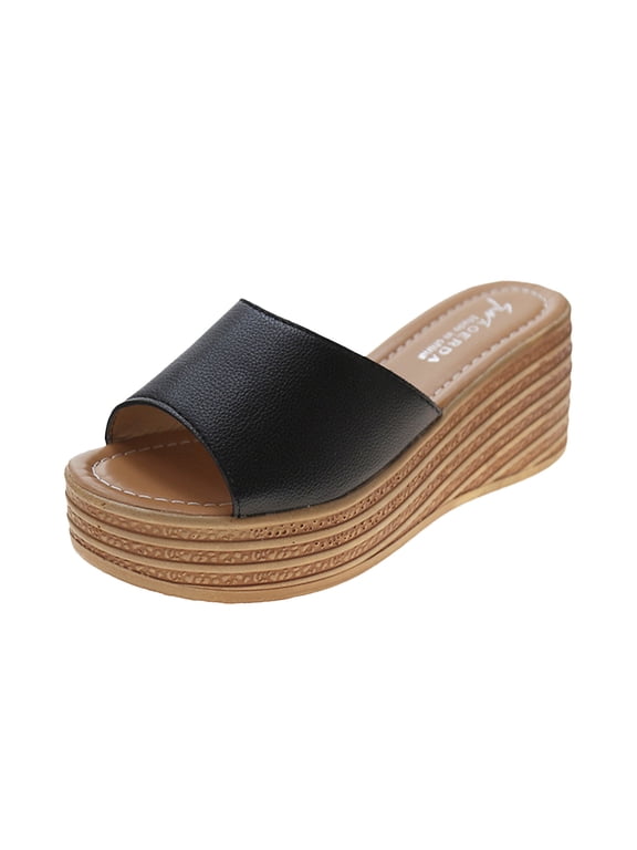Women's Slides Matsu Heel Thick Sole Slope Heel Women's Shoes Breathable Slip-on Beach Sandals 7(39)