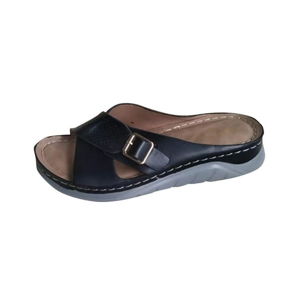 Fesfesfes Women's Slope Heel Sandals Summer X-Strap Beach Shoes European/American Style Comfortable for Outdoor Walking(Black,US 4.5)