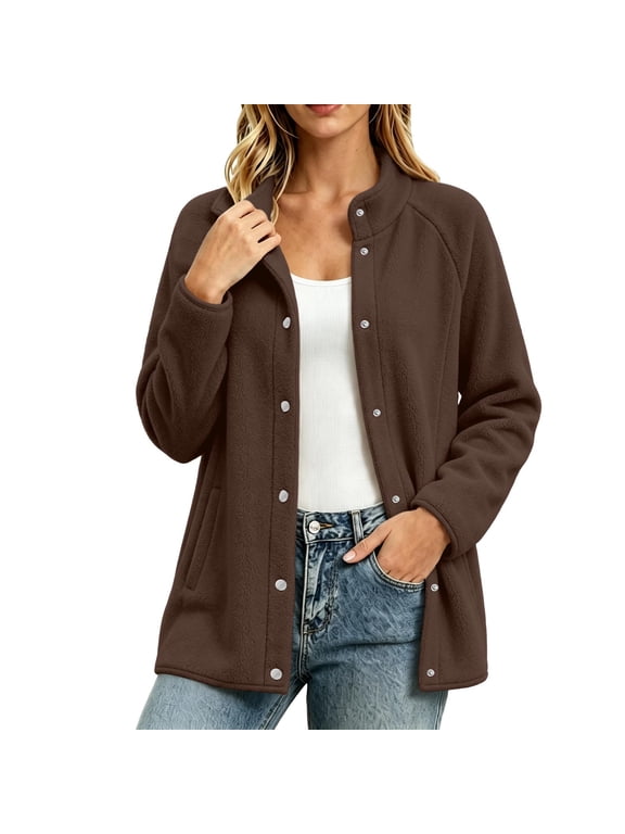 Women's Snap Button Fleece Jacket Stand Collar Long Sleeve Loose Fit Casual Outerwear with Pockets for Fall Winter Daily Wear Cozy Soft Comfy