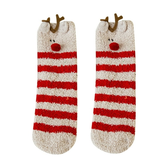 Fesfesfes Women's Socks Girls Christmas Cute Coloer Stripe Santa Claus Print Thicken Coral Fleece Keep Warm Socks Sox