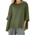 thumbnail image 1 of Fesfesfes Women's Solid Casual Shirts Three Quarter Sleeve Round Neck Linen Tops Warm Weather Shirts Linen Material Offers Breathability(Green,2XL), 1 of 5