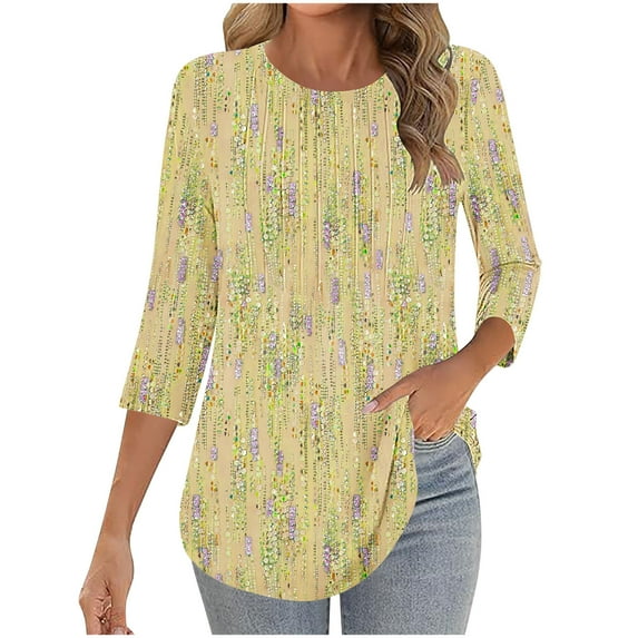 Fesfesfes Women's Solid Casual Shirts Three Quarter Sleeve Round Neck Linen Tops Warm Weather Shirts Linen Material Offers Breathability(Yellow#2,L)