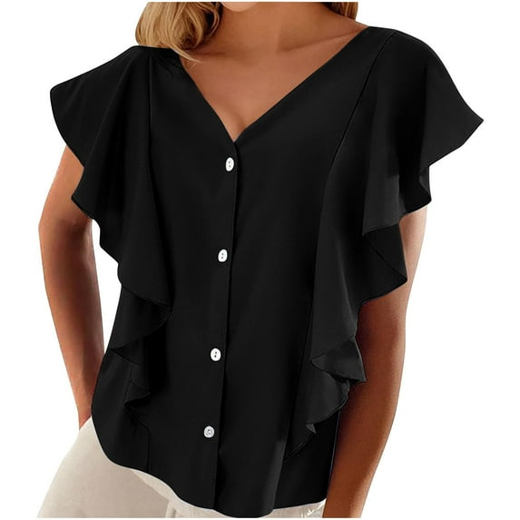 Fesfesfes Women's Solid Color Blouse with Button Casual Fashion Summer T-Shirt New Ruffle Short Sleeved V-neck Comfortable Tops (Black,2XL)