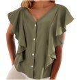 thumbnail image 1 of Fesfesfes Women's Solid Color Blouse with Button Casual Fashion Summer T-Shirt New Ruffle Short Sleeved V-neck Comfortable Tops (Green,M), 1 of 5