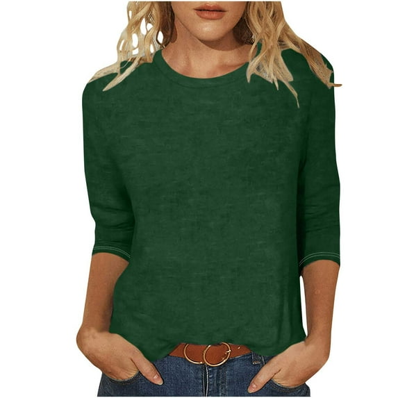 Fesfesfes Women's Solid Color Blouses Comfy Solid Color Crew-Neck Three-Quarter Sleeves Knit Tops Relaxed yet Slightly Fitted T-Shirt(Army Green,S)
