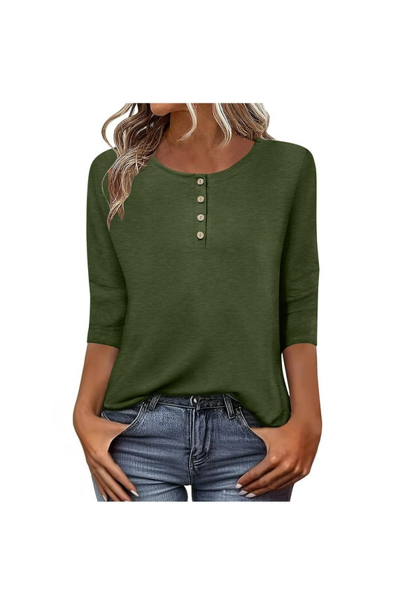 Women's Solid Color Blouses Crew Neck with Buttons Placket T-shirt Three Quarter Sleeves Curved Hem Loose Soft Knit Fabric Tee(Army Green,2XL)