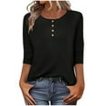 thumbnail image 1 of Fesfesfes Women's Solid Color Blouses Crew Neck with Buttons Placket T-shirt Three Quarter Sleeves Curved Hem Loose Soft Knit Fabric Tee(Black,L), 1 of 8