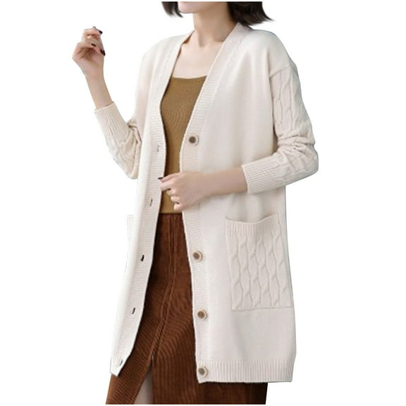 Fesfesfes Women's Solid Color Blouses Fall Winter Loose Open Button-Front V-Neck Longline Knit Cardigan with Cable Knit Pockets Cuffs(Beige,XL)