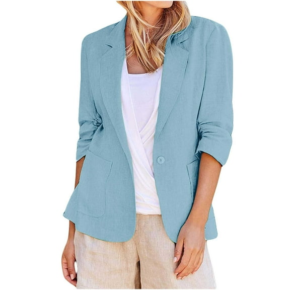 Fesfesfes Women's Solid Color Blouses Fashion Elegant Classic Notched Lapel Collar Half Sleeve Suit with Buttons Casual Open-Front Coat(Light Blue#1,M)