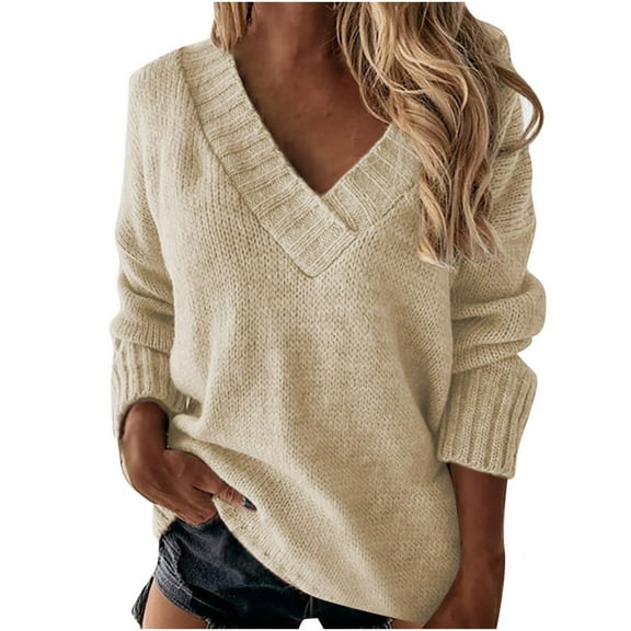 Fesfesfes Women's Solid Color Blouses Long/Half Sleeved V-Neck Pullover Knitted Tops Fitting Inner Outer Base Daily Wearing Clothes(Beige#1,M)
