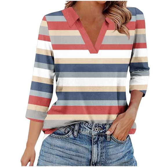 Fesfesfes Women's Solid Color Blouses Trendy Loose Casual Three-Quarter Sleeve V-Neck Tops Slim-Fitting Cut to Flatter Figure T-Shirt(Hot Pink#2,L)