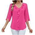 thumbnail image 1 of Fesfesfes Women's Solid Color Blouses Trendy Loose Casual Three-Quarter Sleeve V-Neck Tops Slim-Fitting Cut to Flatter Figure T-Shirt(Hot Pink#4,L), 1 of 3