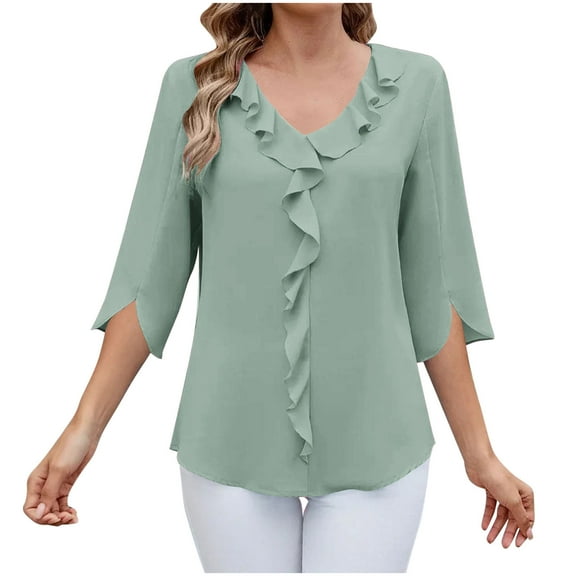 Fesfesfes Women's Solid Color Blouses Trendy Loose Casual Three-Quarter Sleeve V-Neck Tops Slim-Fitting Cut to Flatter Figure T-Shirt(Light Blue#4,L)
