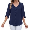thumbnail image 1 of Fesfesfes Women's Solid Color Blouses Trendy Loose Casual Three-Quarter Sleeve V-Neck Tops Slim-Fitting Cut to Flatter Figure T-Shirt(Navy#4,2XL), 1 of 3