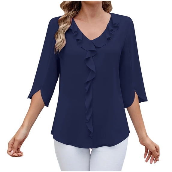 Fesfesfes Women's Solid Color Blouses Trendy Loose Casual Three-Quarter Sleeve V-Neck Tops Slim-Fitting Cut to Flatter Figure T-Shirt(Navy#4,2XL)