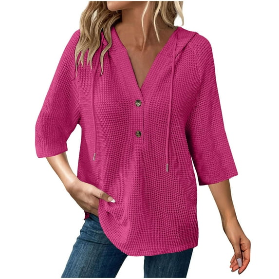 Fesfesfes Women's Solid Color Blouses V-Neck Three-Quarter Sleeve Natural Shoulder Drop T-Shirt Casual Comfy Curved Hem Tops for Fall(Hot Pink,3XL)