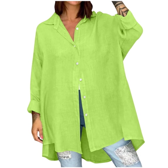 Fesfesfes Women's Solid Color Blouses with Buttons Long Roll-Up Sleeves V-neck Medium Length Tops Summer Indoor Outdooor Trendy