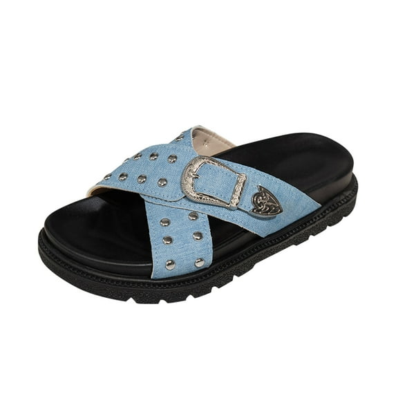 Fesfesfes Women's Solid Color Clip-Toe Wedge Slippers Thick-Soled Comfortable Casual Spring Summer Beach Versatile Fashionable Slip-On Sandals(Sky Blue#4,US 5)